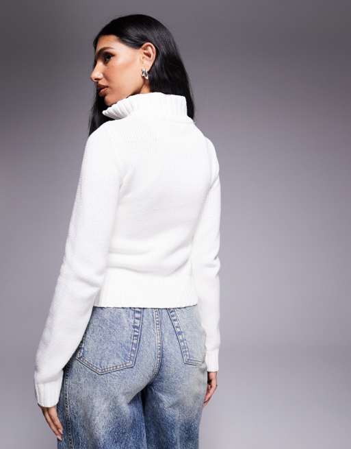 Princess Polly ribbed knit high neck zip up cardigan in white