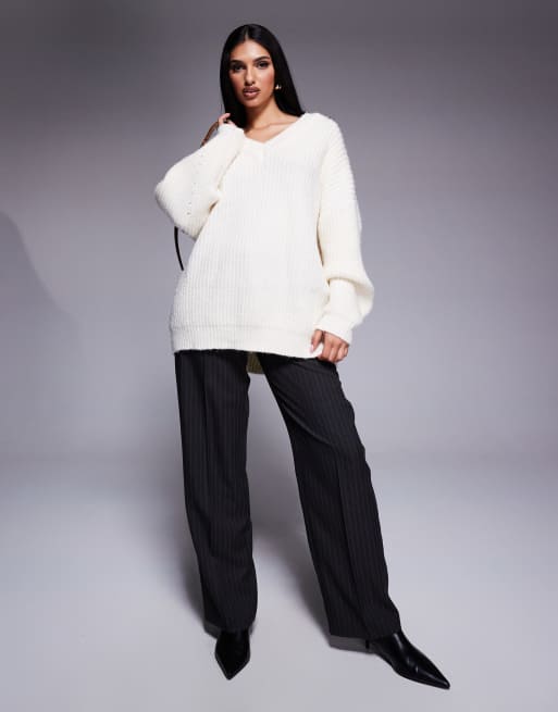 Princess Polly ribbed knit oversized v neck jumper in cream, 2 of 4