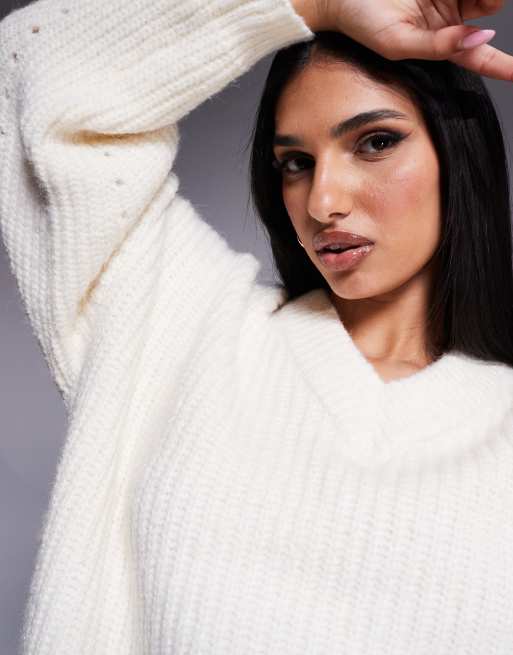 Princess Polly ribbed knit oversized v neck jumper in cream, 3 of 4