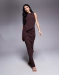 [Princess Polly] Princess Polly ribbed sleeveless asymmetric top and maxi skirt full set in chocolate-Brown M/L Chocolate