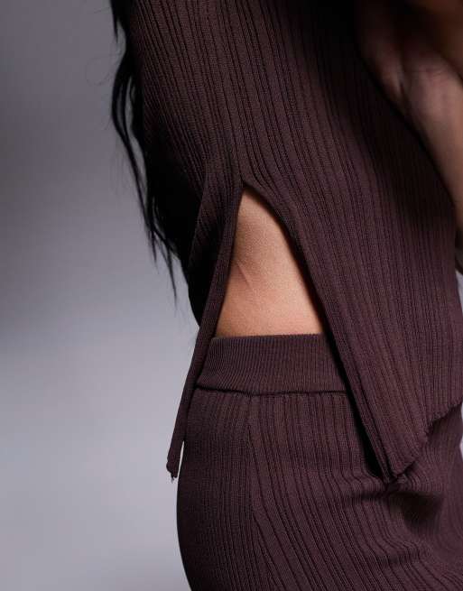 Princess Polly ribbed sleeveless asymmetric top and maxi skirt full set in chocolate, 2 of 4