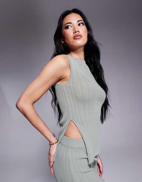 Princess Polly ribbed sleeveless asymmetric top and maxi skirt full set in khaki - view 1