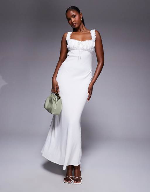 Princess Polly - Robe longue en lin mélangé avec détails en dentelle et dos ouvert à liens sur le devant - Blanc
