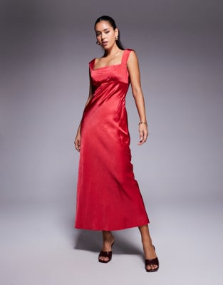 Princess Polly - Robe longue satinée à encolure carrée - Rouge - view 1