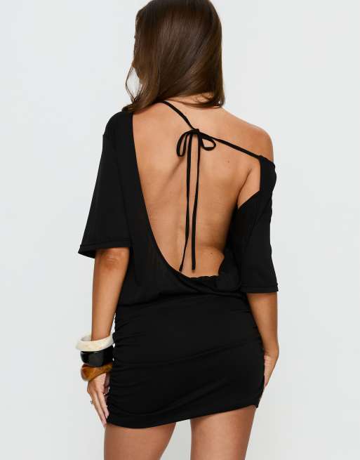 Princess Polly Romma boat neck fold over backless relaxed mini dress in black, 3 of 3