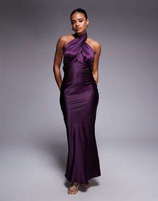 Princess Polly Rosaminta High Shine Satin Cross Front Halterneck Tie Open Back Maxi Dress In Purple