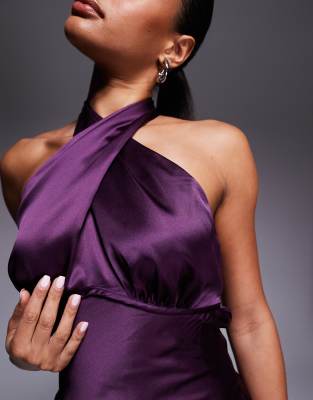 Princess Polly Rosaminta High Shine Satin Cross Front Halterneck Tie Open Back Maxi Dress In Purple