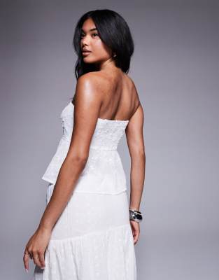 Princess Polly Rosenburg Baby Doll Embroidered Keyhole Tie Front Bandeau Top In White