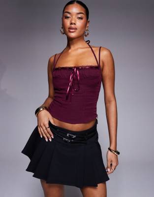 ruched bust lace detail halterneck top in burgundy-Red