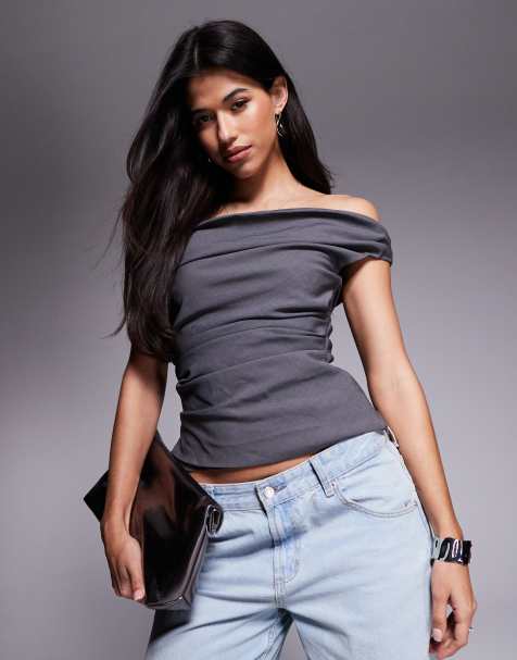 Princess Polly ruched drape detail bardot top in charcoal - view 1