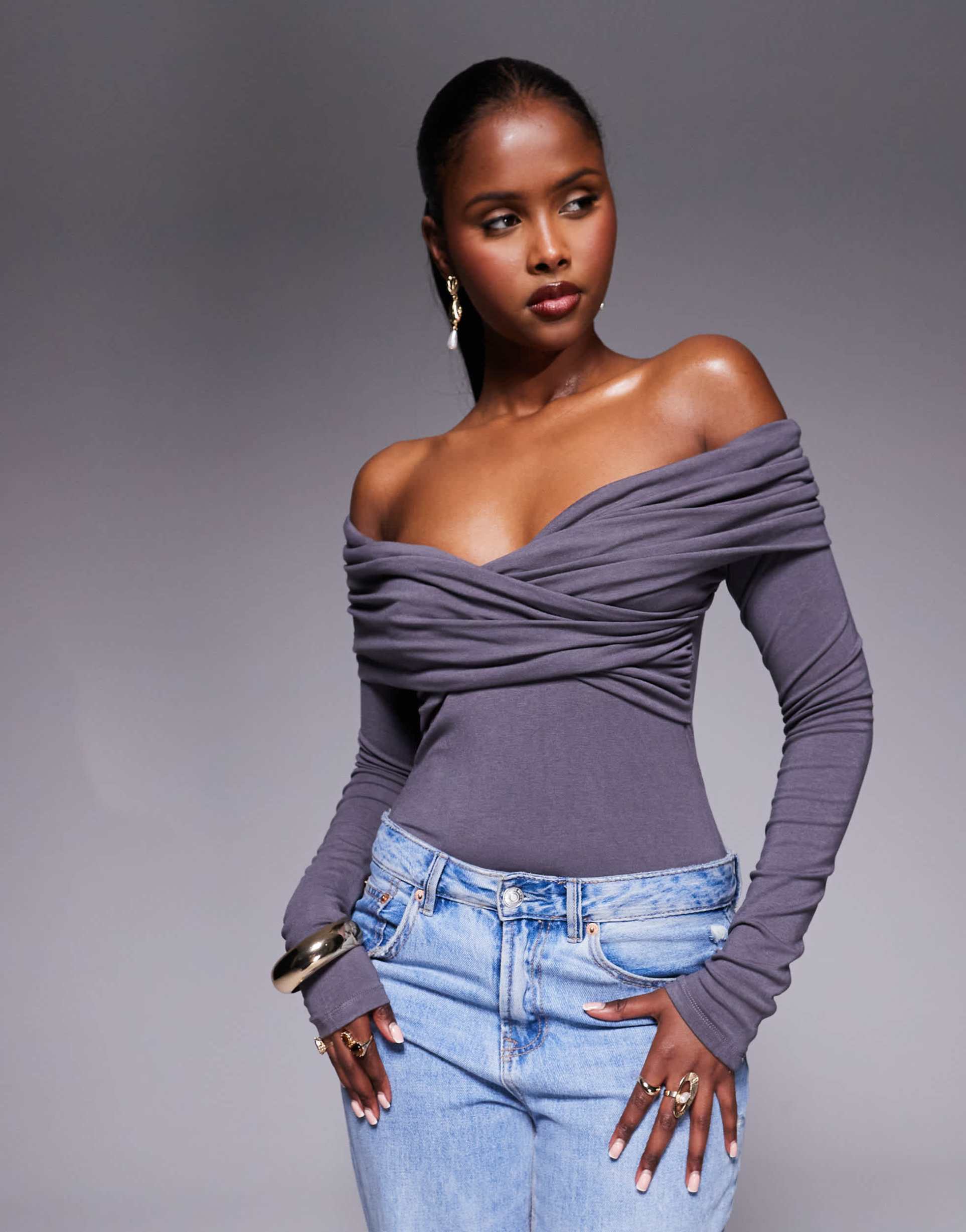 princess polly ruched drape detail off the shoulder long sleeve bodysuit in charcoal