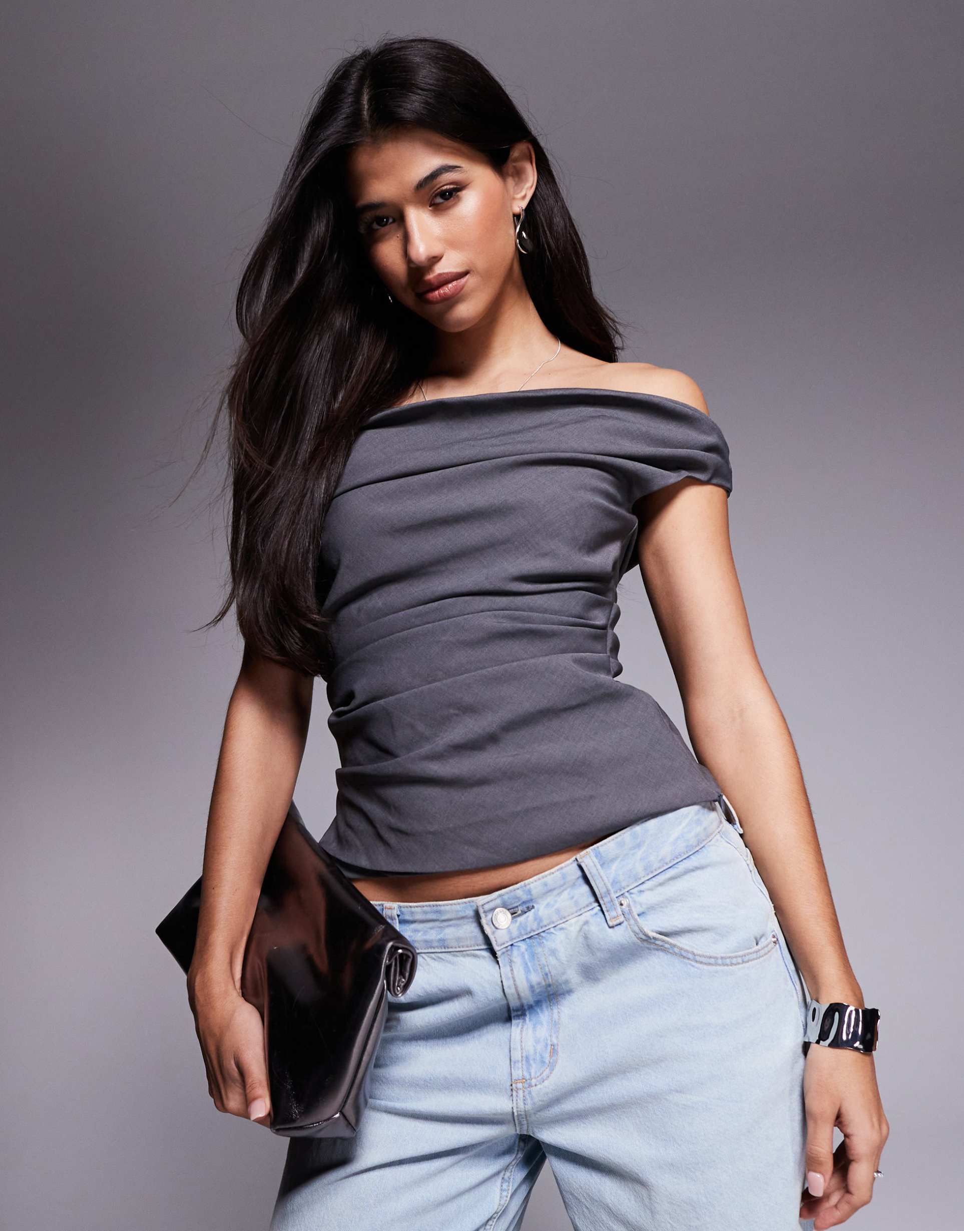 princess polly ruched drape detail off the shoulder top in charcoal