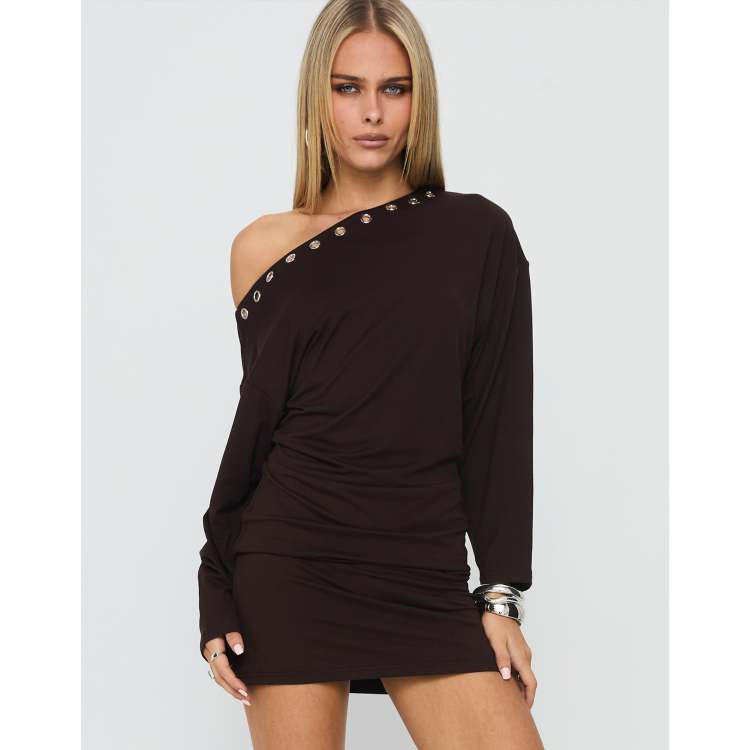 Princess Polly Sakaia off shoulder long sleeve ruched eyelet mini dress in  brown | ASOS