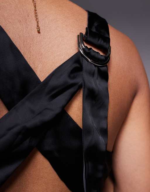Princess Polly Sama satin buckle detail open cross back mini dress in black