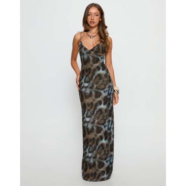 Princess Polly Saphrona mesh cami maxi dress in brown & turquoise animal  print