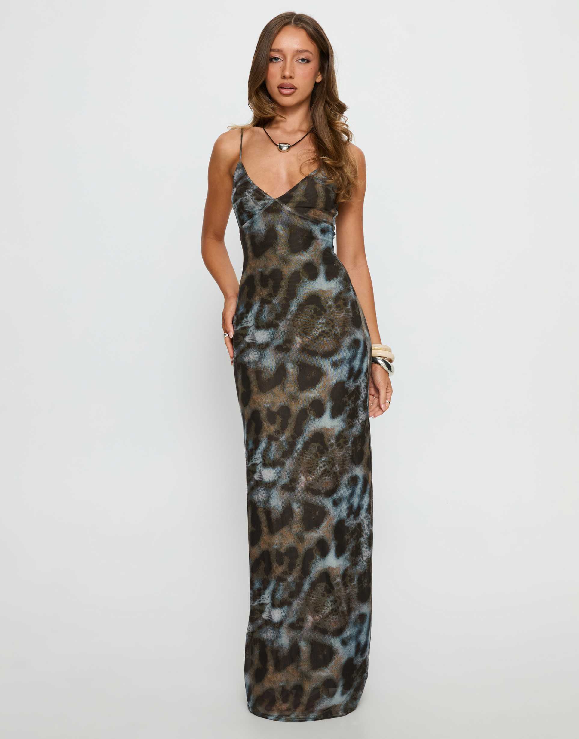 princess polly saphrona mesh cami maxi dress in brown & turquoise animal print