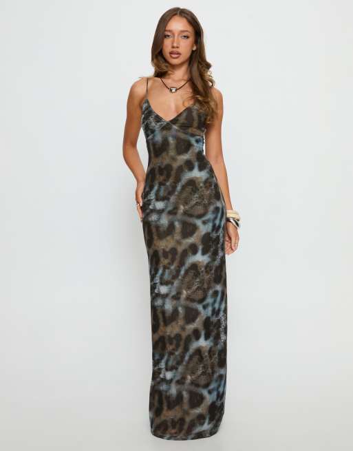 Princess Polly Saphrona mesh cami maxi dress in brown & turquoise animal  print | ASOS