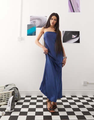 satin bandeau cowl tie back maxi dress in blue