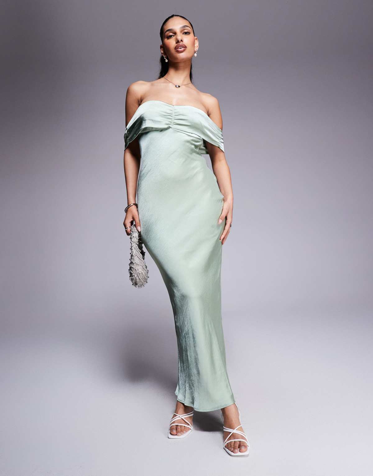 Princess Polly satin bardot maxi dress in sage