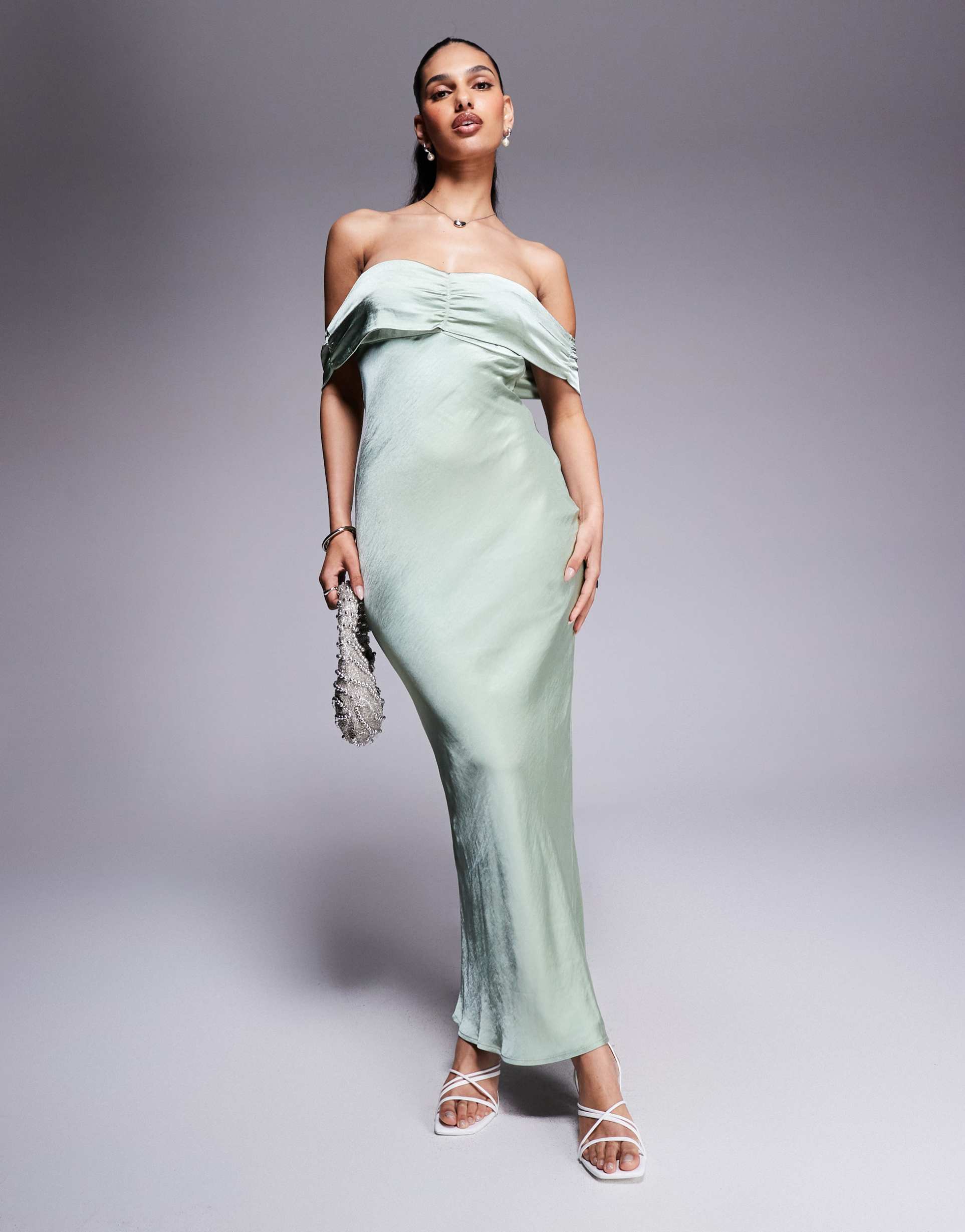 princess polly satin bardot ruched front detail maxi dress in sage