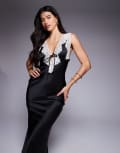 [Princess Polly] Princess Polly satin contrast lace tie front maxi dress in black 16 BLACK