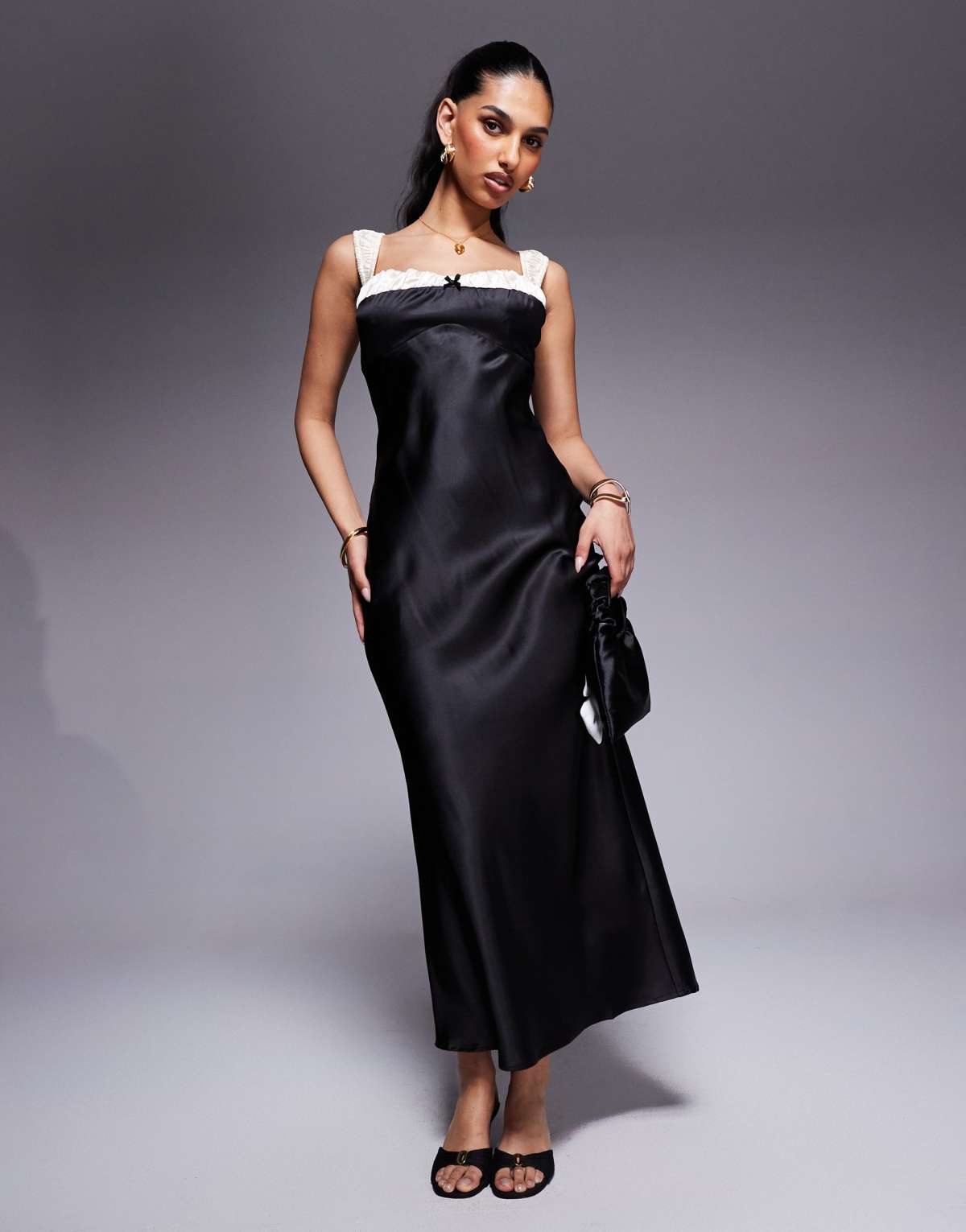 Princess Polly satin contrast strap detail bow front maxi dress in black
