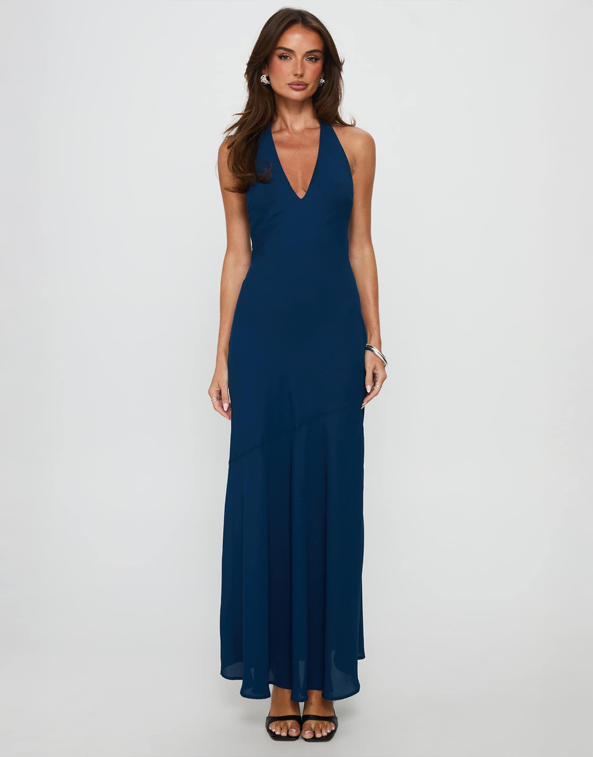 princess polly satin halterneck chiffon asymmetric hem maxi dress in navy
