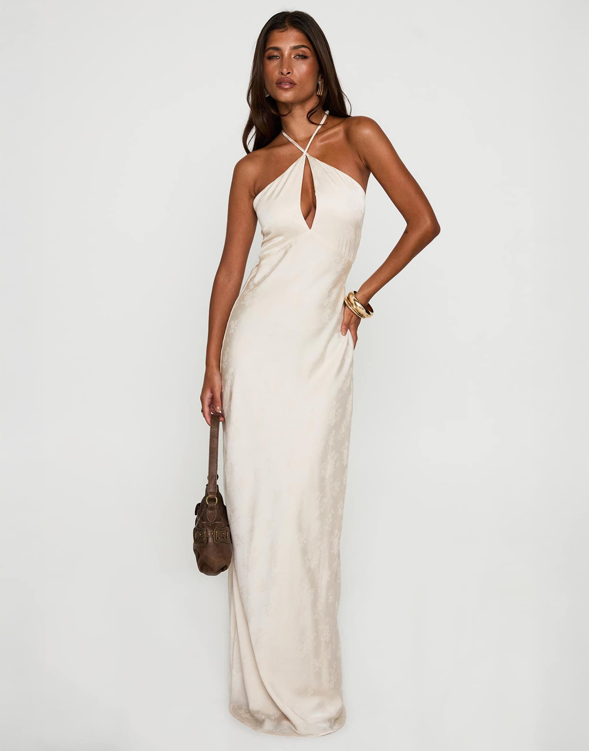 princess polly satin halterneck keyhole detail maxi dress in off white
