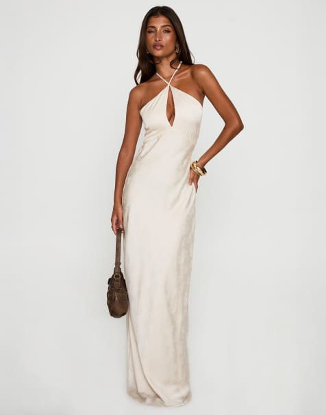Princess Polly satin halterneck keyhole detail maxi dress in off white
