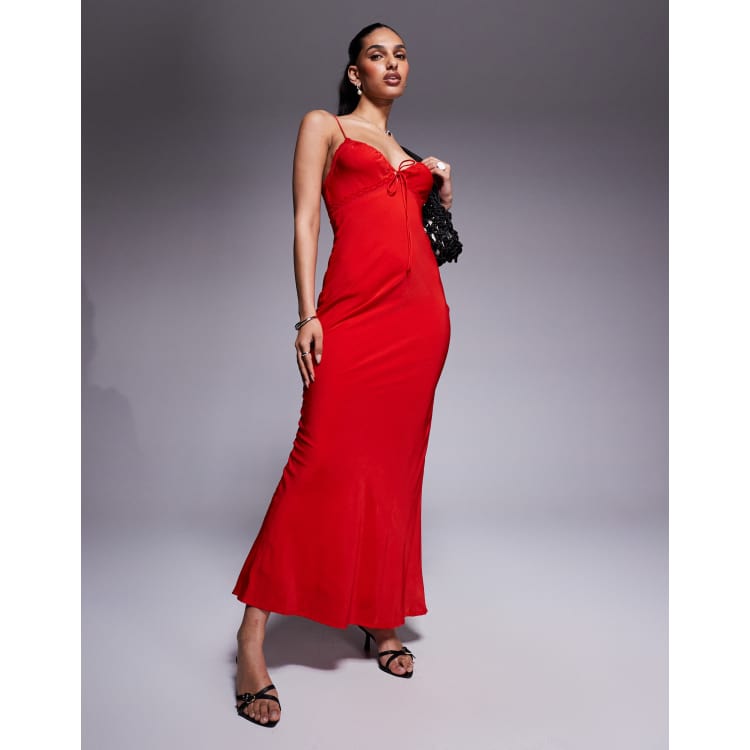 Princess Polly satin lace trim tie front maxi dress in red | ASOS