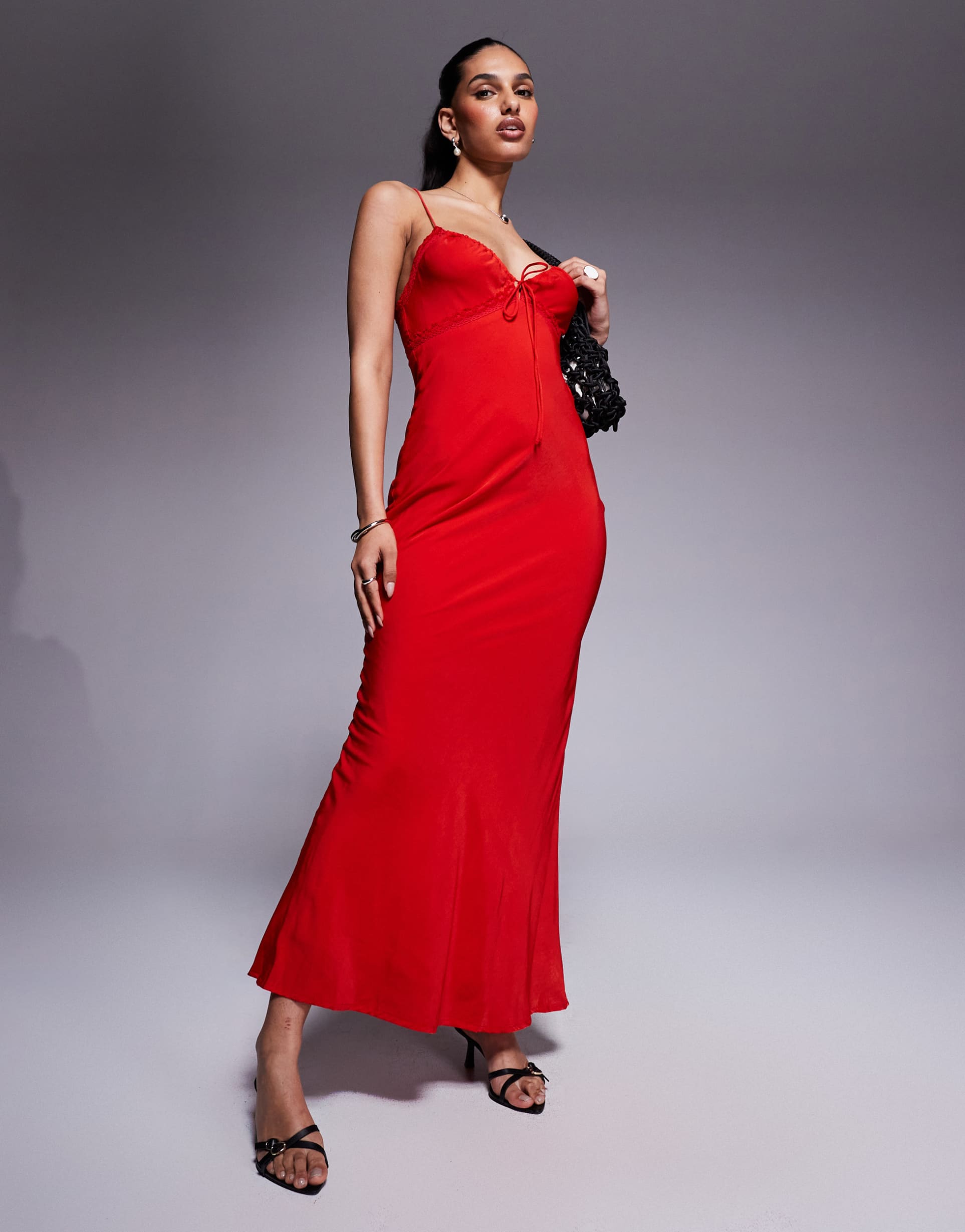 princess polly satin lace trim tie front maxi dress in red