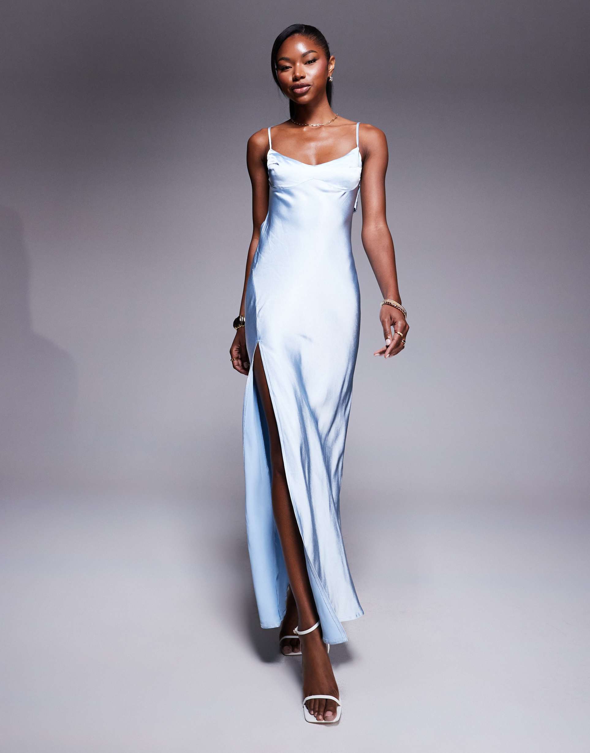 princess polly satin open back thigh slit cami maxi dress in light blue