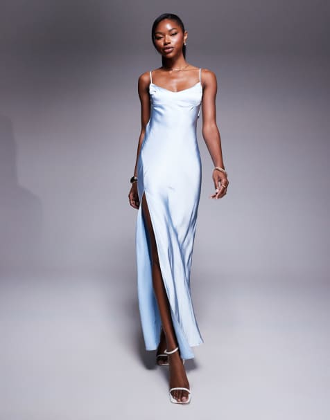 Princess Polly satin open back thigh split cami maxi dress in light blue - view 1