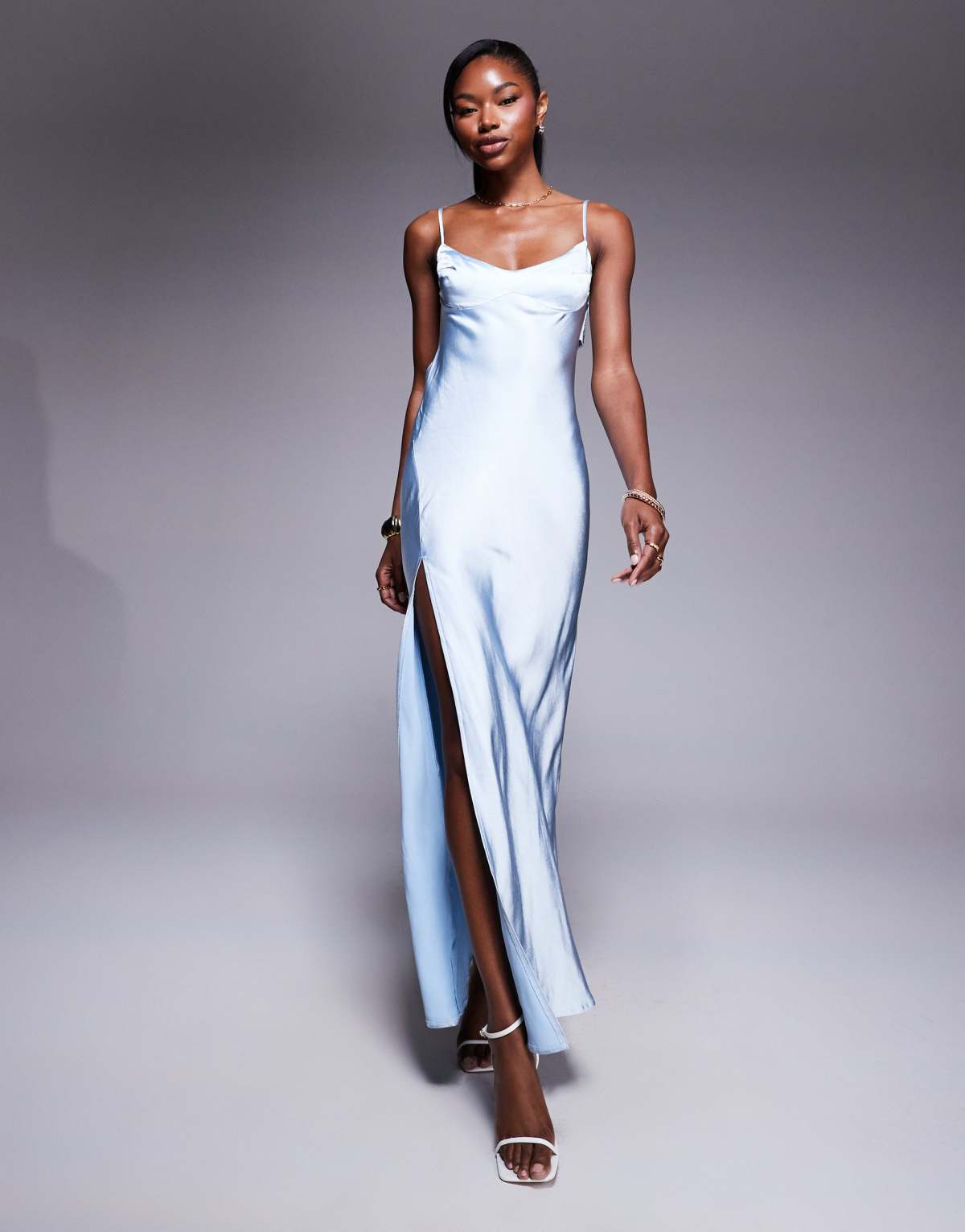 Princess Polly satin open back thigh split cami maxi dress in light blue