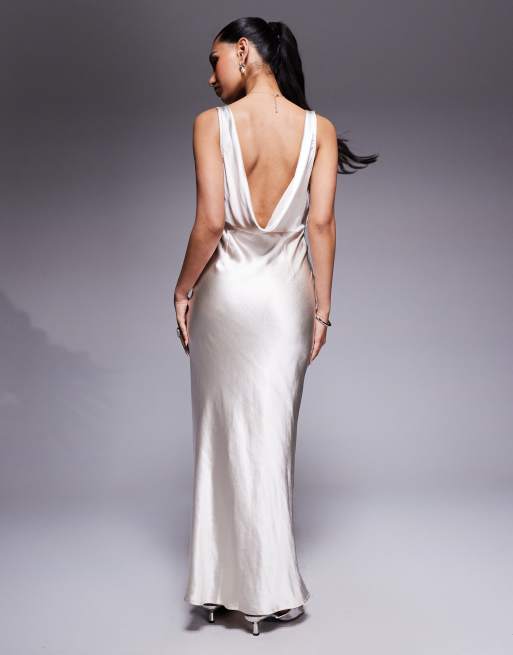 Maxi Dress Oh Polly Satin Cowl Neck Dress Embellished Cowl Neck Maxi Dress  In Ivory Oh