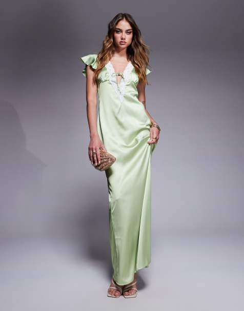 Princess Polly satin plunge lace trim flutter sleeve maxi dress in green - view 1