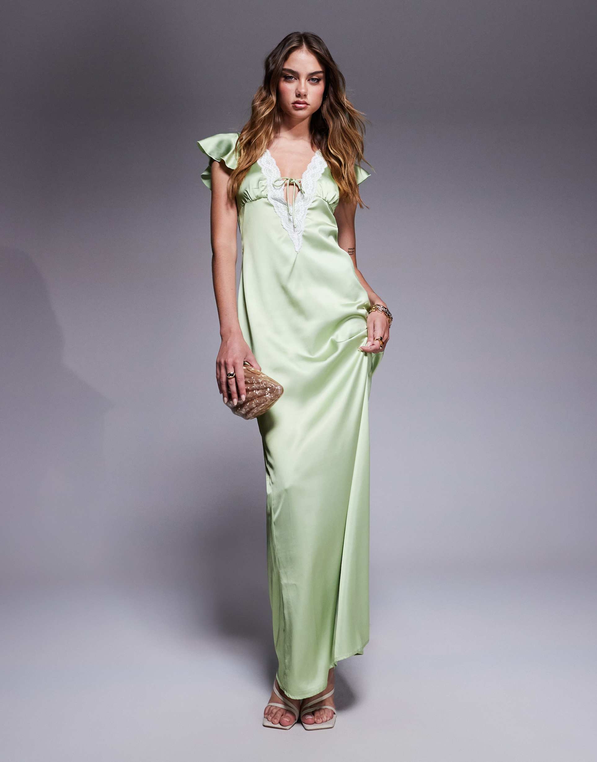 princess polly satin plunge lace trim flutter sleeves maxi dress in green
