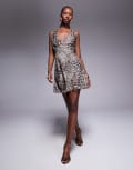 [Princess Polly] Princess Polly satin plunge slip dress in leopard print-Multi 10 MULTI
