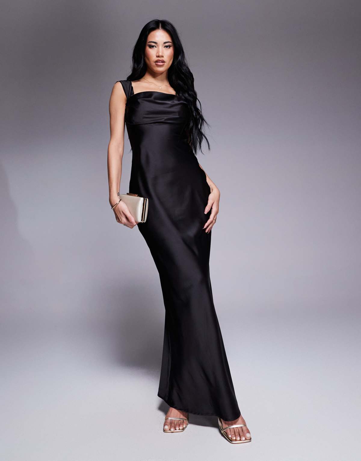 Princess Polly satin structured bardot maxi dress in black