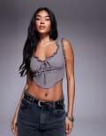 [Princess Polly] Princess Polly Scarlett tie-front frill trim corset top in grey 14 Slate