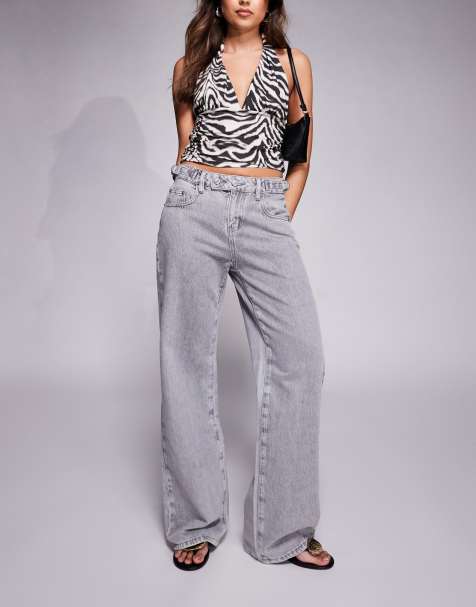 Princess Polly Scheana low rise waist buckle detail wide leg jeans in washed grey - view 1