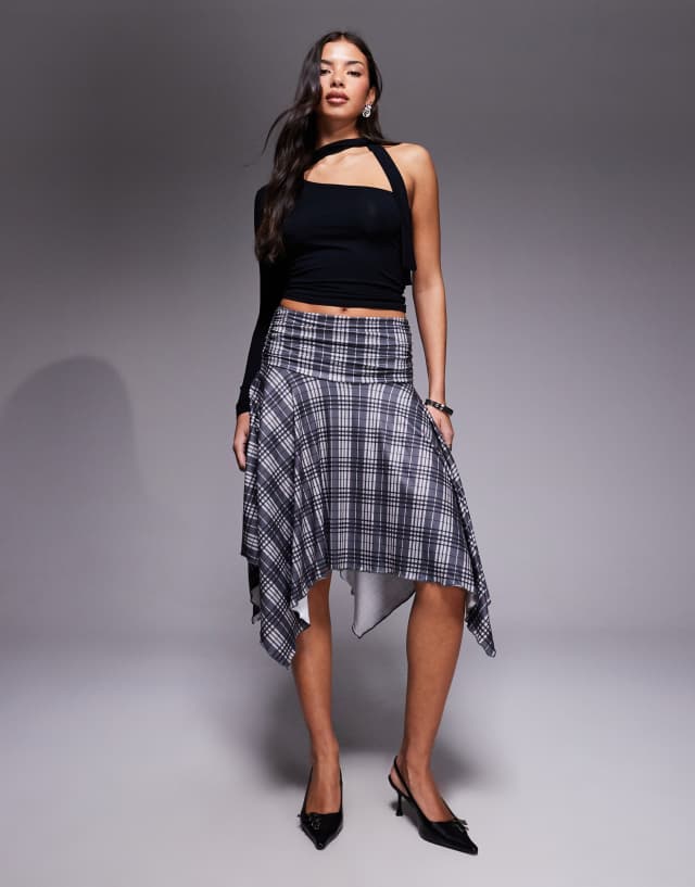 Princess Polly Scholar ruched waist asymmetric hem midi skirt in