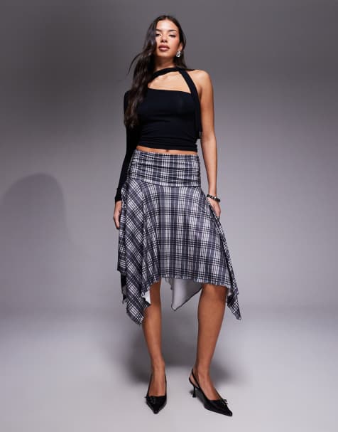 Princess Polly Scholar ruched waist asymmetric hem midi skirt in grey check - view 1