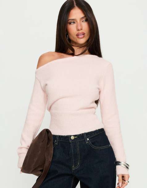 Princess Polly Seleby wool feel fluffy asymmetric shoulder fitted waist jumper in light pink - view 1