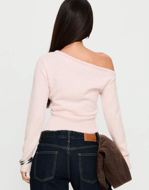 Princess Polly Seleby wool feel fluffy asymmetric shoulder fitted waist jumper in light pink, 3 of 4