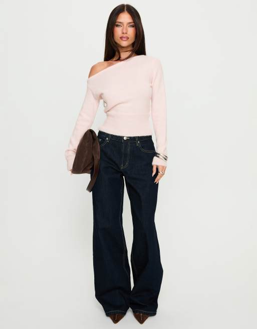Princess Polly Seleby wool feel fluffy asymmetric shoulder fitted waist jumper in light pink, 4 of 4
