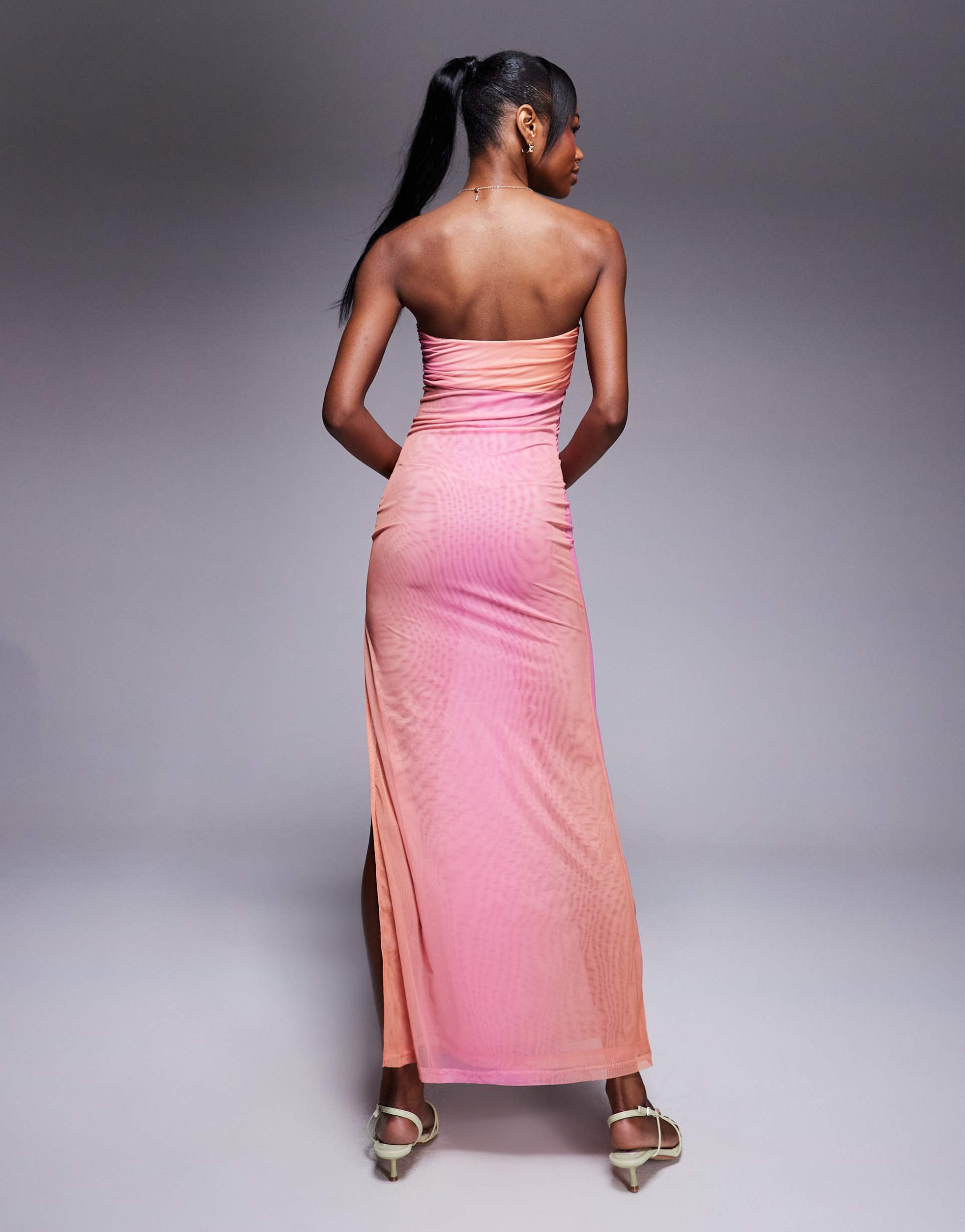 princess polly semi sheer bandeau side split mesh maxi dress in pink ombre