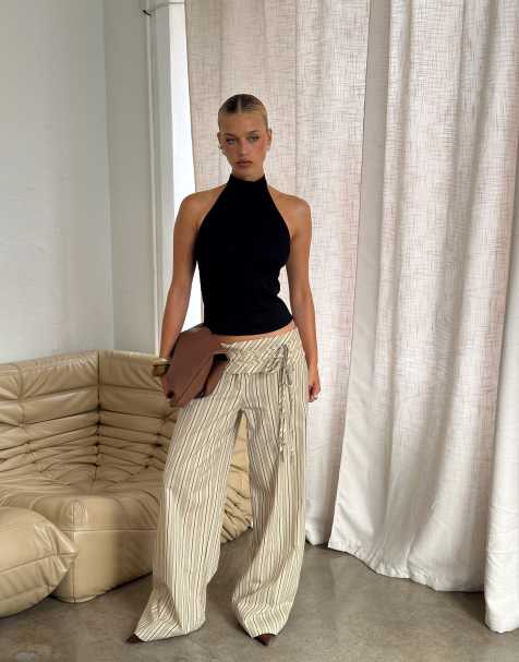 Princess Polly Seneca cotton wrap tie waist detail wide leg pants in beige stripe - view 1