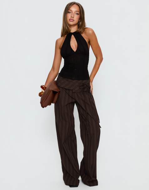 Princess Polly Seneca cotton wrap tie waist detail wide leg trousers in brown stripe - view 1