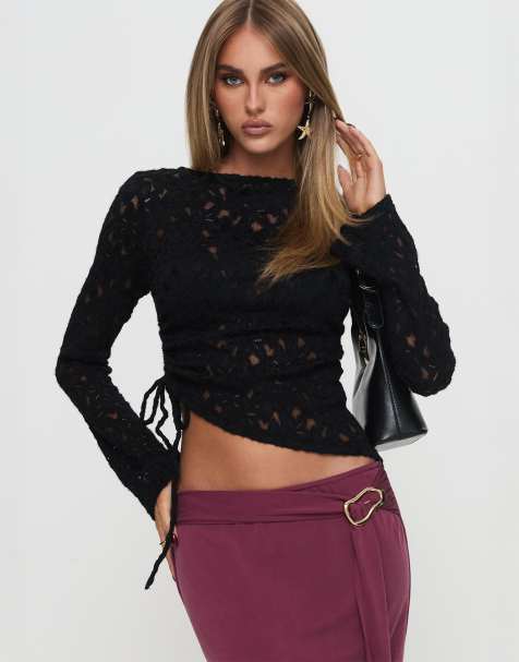 Princess Polly - Sensua - Top a maniche lunghe nero in pizzo con arricciatura laterale - view 1